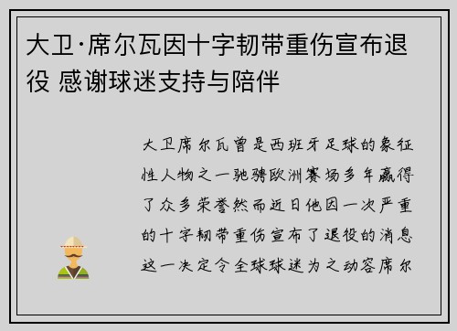 大卫·席尔瓦因十字韧带重伤宣布退役 感谢球迷支持与陪伴